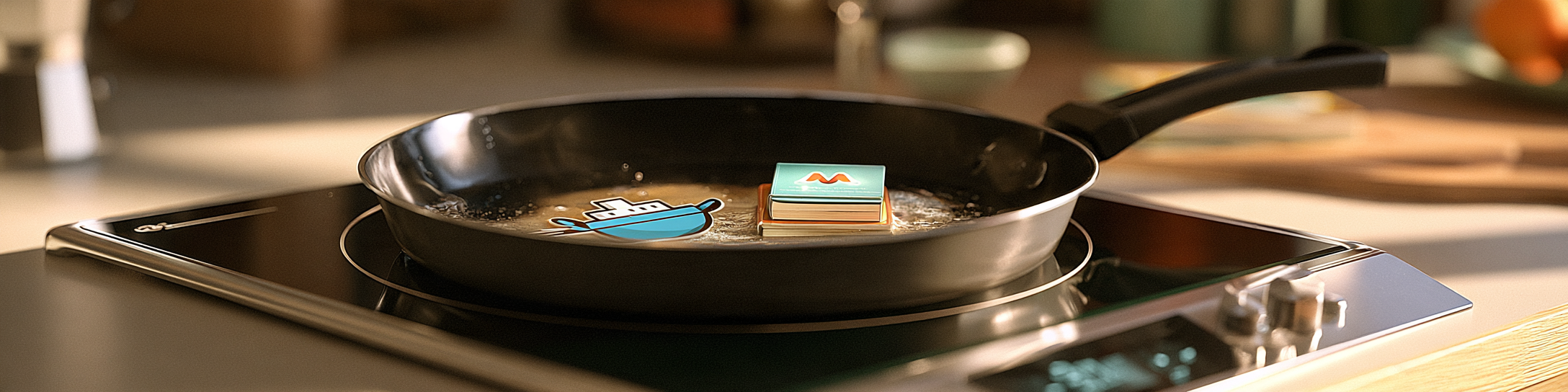 A picture of a frying pan on an induction hob. Frying in the pan is a Docker logo and some small books.