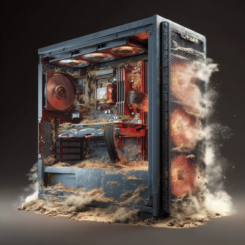 A picture of a dirty PC with an unreasonable amount of dust in it.