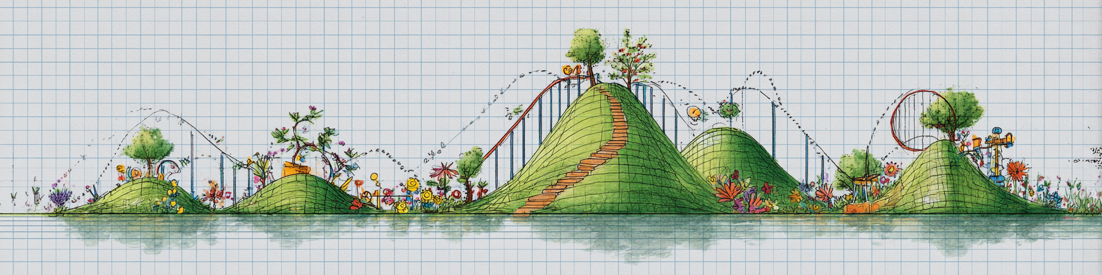 A picture of a curved line graph. The area under the lines looks like green hills. There are flowers and trees at the top of the peaks of the graph.