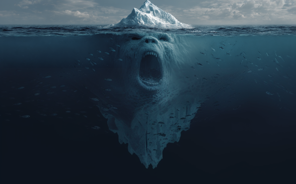 A side-on picture of an iceberg. A small part of the iceberg pokes above the sea, while a huge part lies underneath it. A face screaming is carved into the iceberg below the waterline.