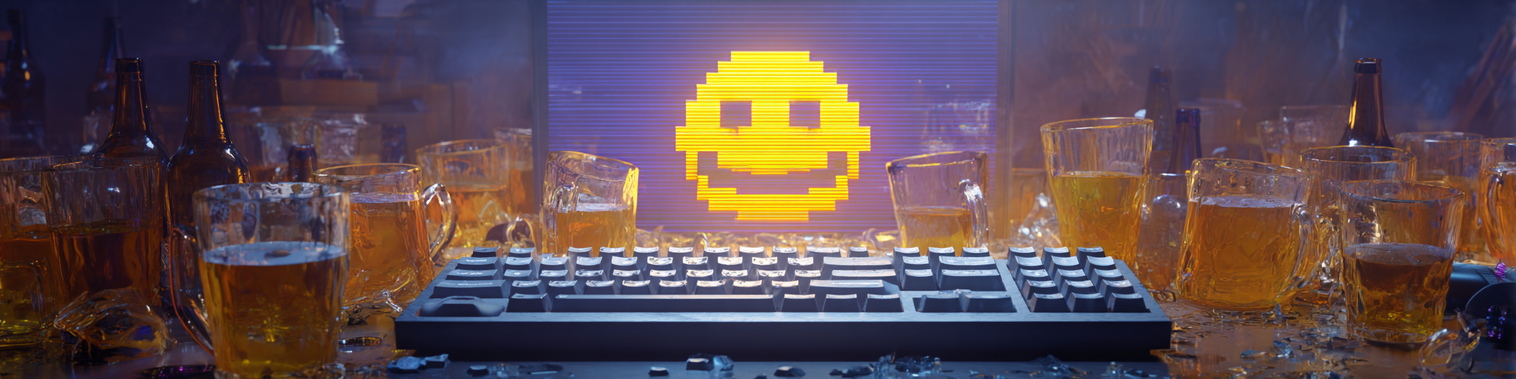 A picture of a dimly lit room with a keyboard and monitor surrounded by half-empty beer glasses. A pixelated smiley face is grinning at the viewer.