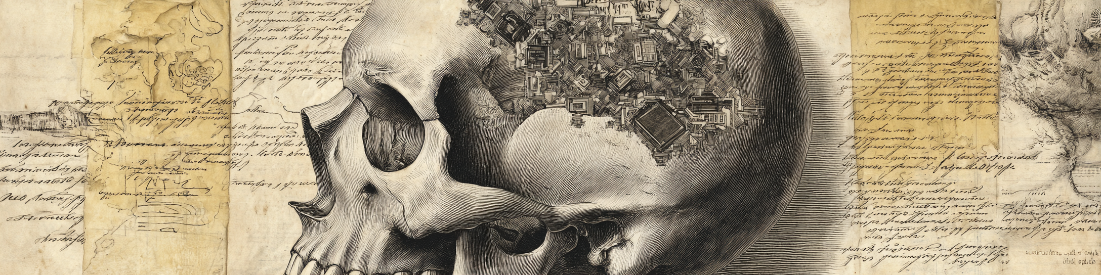An old fashioned medical textbook page with a hinged skull. CPUs sit inside the skull cavity.