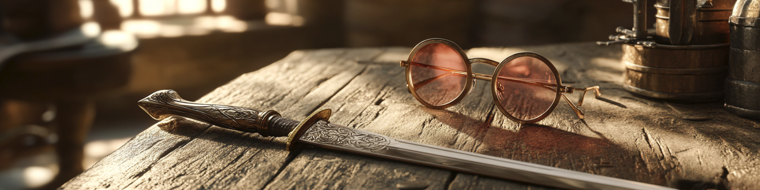 An image of a mage's wand on a wooden bar table, sitting next to a pair of rose-tinted glasses.